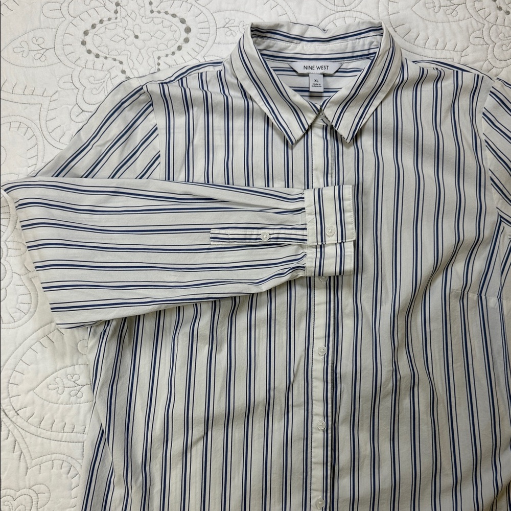 Nine West Striped Collared Button Down Long Sleeve Shirt - Women’s Top